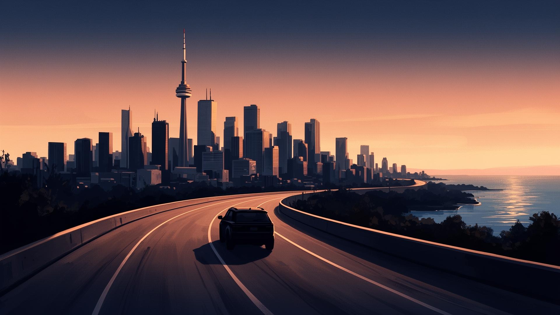 SUV driving towards the Toronto skyline and CN Tower along Lake Ontario at sunset